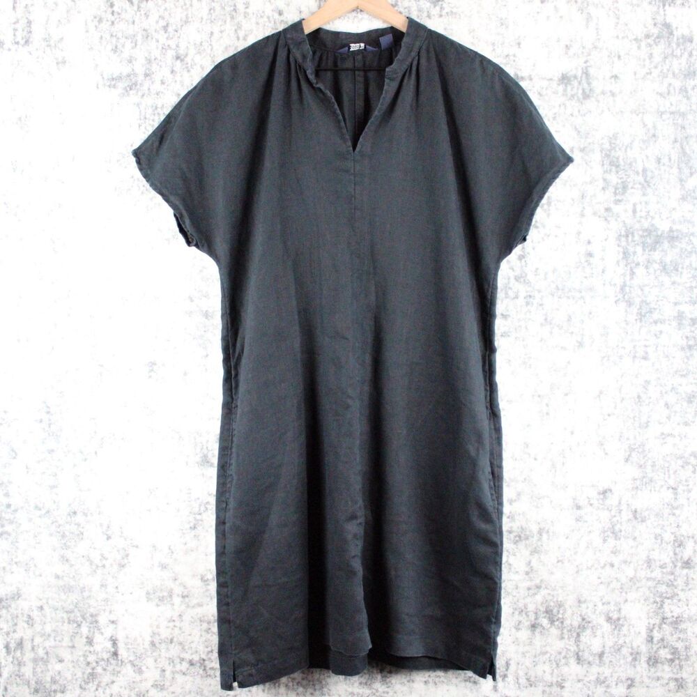 Land's End 100% Linen Dress Sz M 10-12 Black Pockets Coastal Quite Luxury Preppy